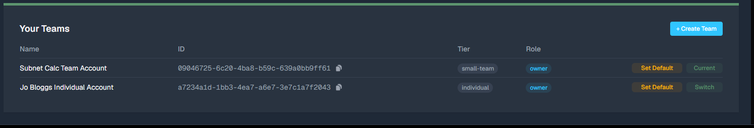 Profile page showing user details and the team panel with its members.