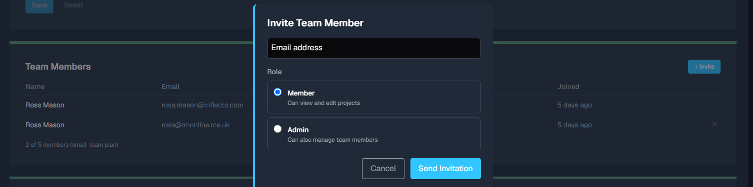 Invite team member dialog with email address and role fields.