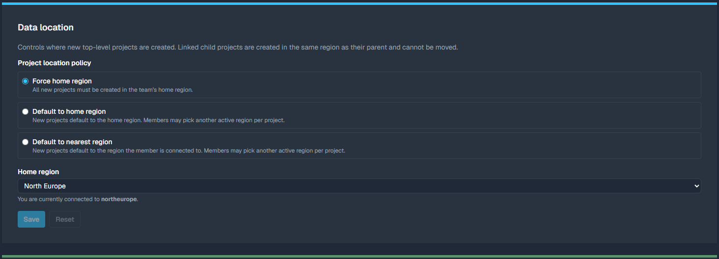 Data location settings showing the home region and project location policy options.